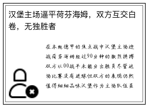 汉堡主场逼平荷芬海姆，双方互交白卷，无独胜者